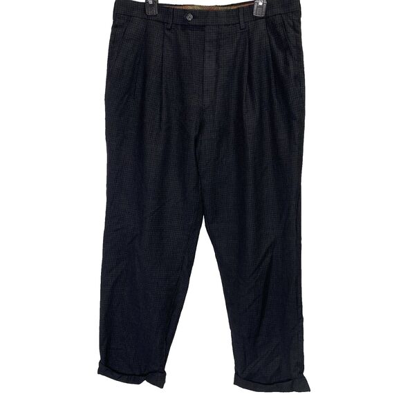 LAUREN RALPH LAUREN Wool Blend Pants Pleated Cuffed Windowpane Men Waist 35 Gray - Picture 2 of 11